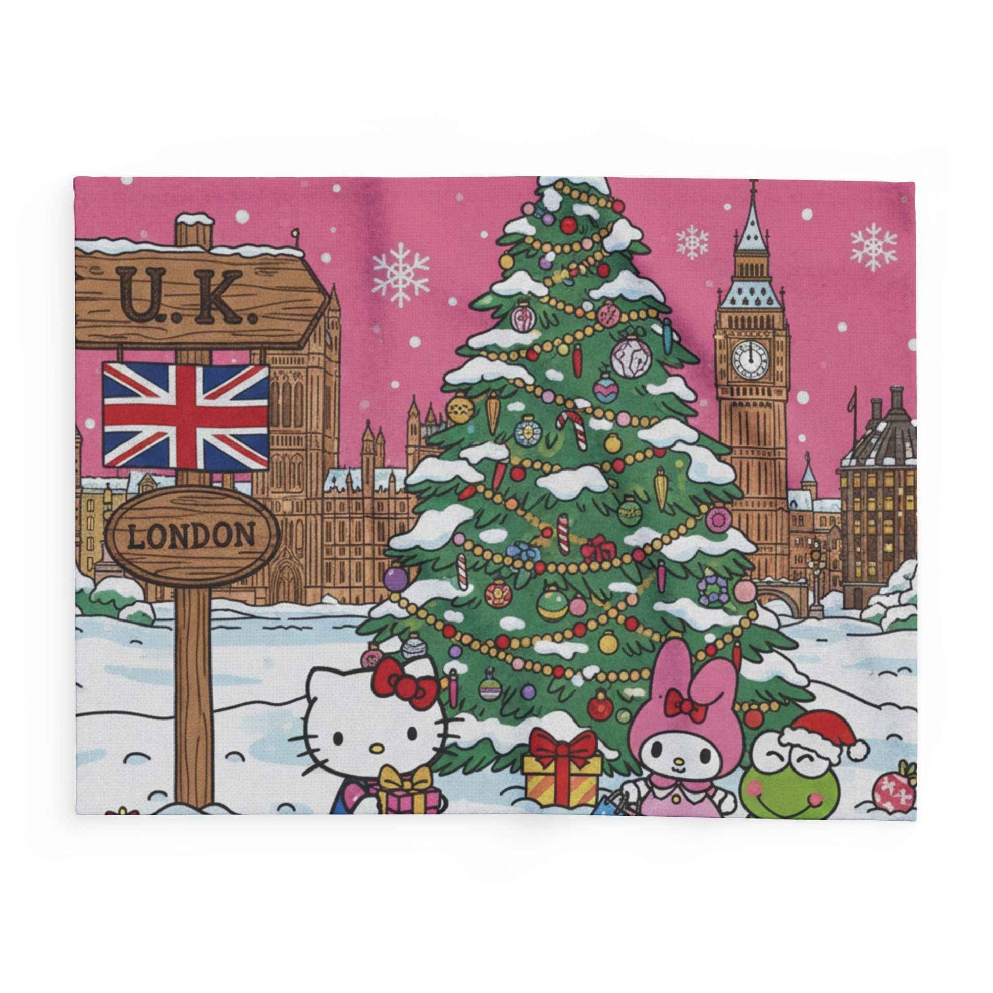 Hello Kitty London Christmas Arctic Fleece Blanket — Cute Holiday Tree & Snowy Big Ben Throw