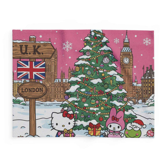 Hello Kitty London Christmas Arctic Fleece Blanket — Cute Holiday Tree & Snowy Big Ben Throw