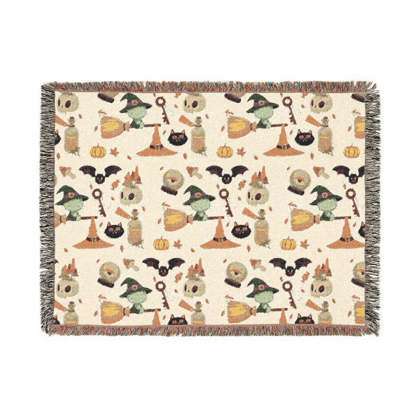 Woven Blanket - Spooky Witchy Frankenstein flyimg broom Design