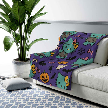 Sherpa Fleece Blanket - Frankenstein Hello Kitty blanket for spooky Home Decor - Hello Kittyy Blanket Store