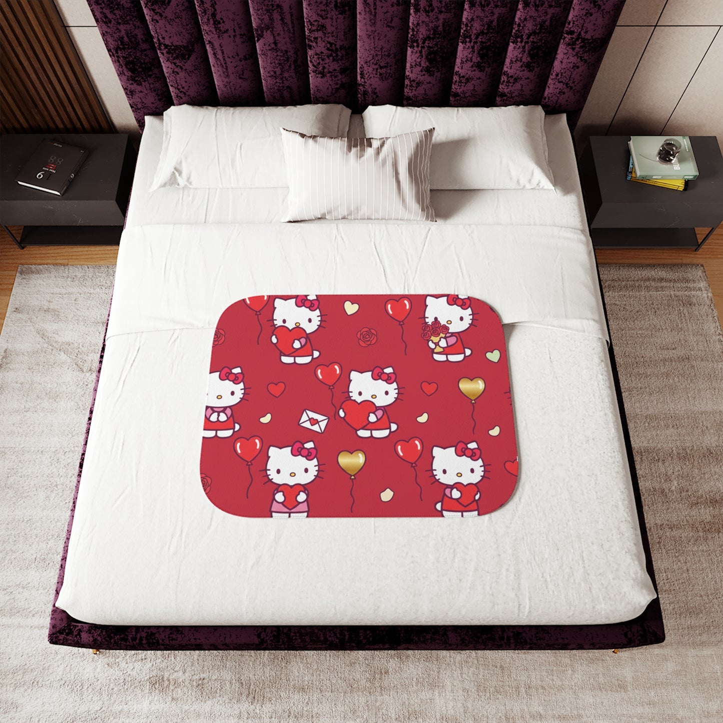 Hello Kitty Valentine Sherpa Blanket — Reversible Red Patterned & Cozy Beige