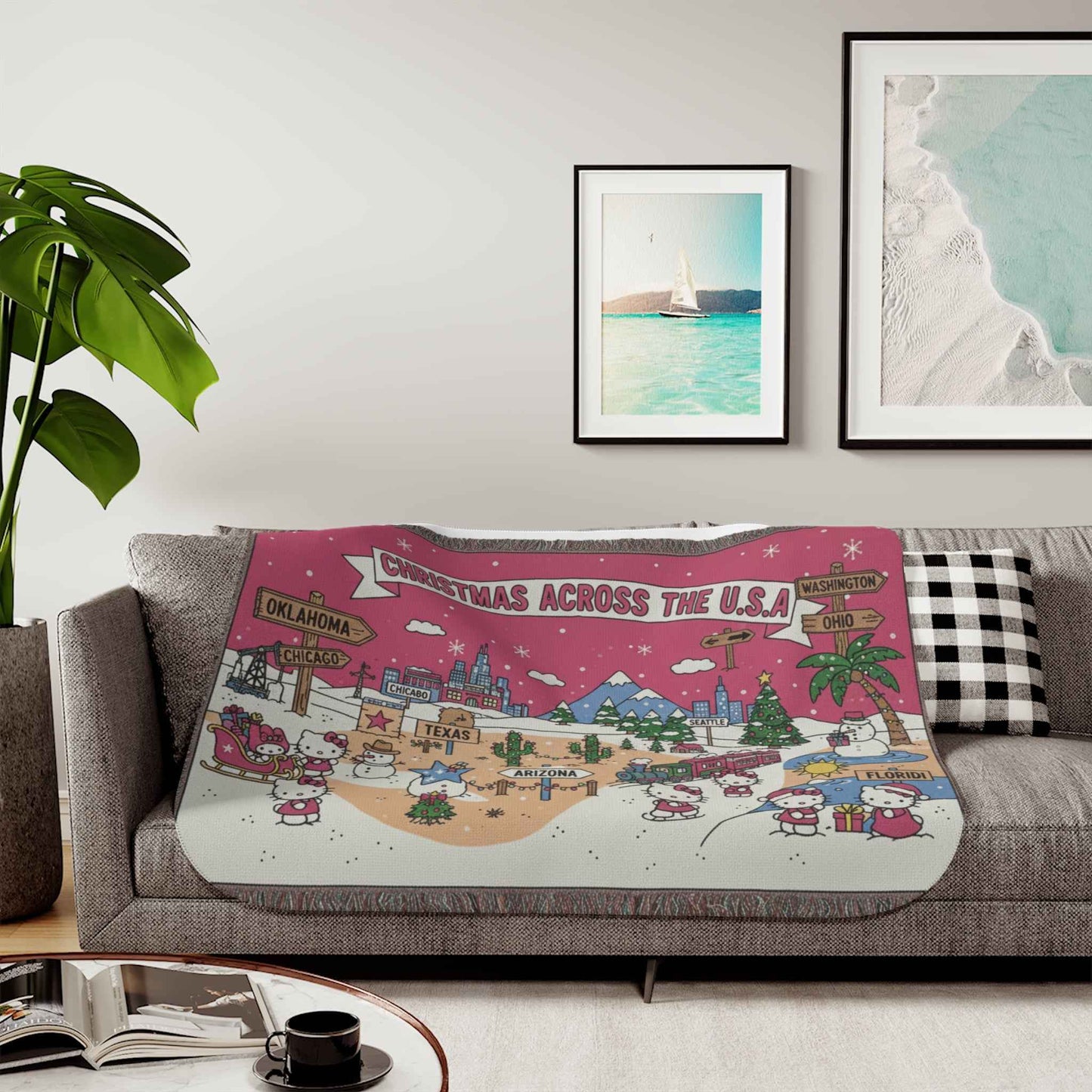 Hello Kitty Pink Christmas Sherpa Blanket — Two-Tone Cozy Throw (Across USA)