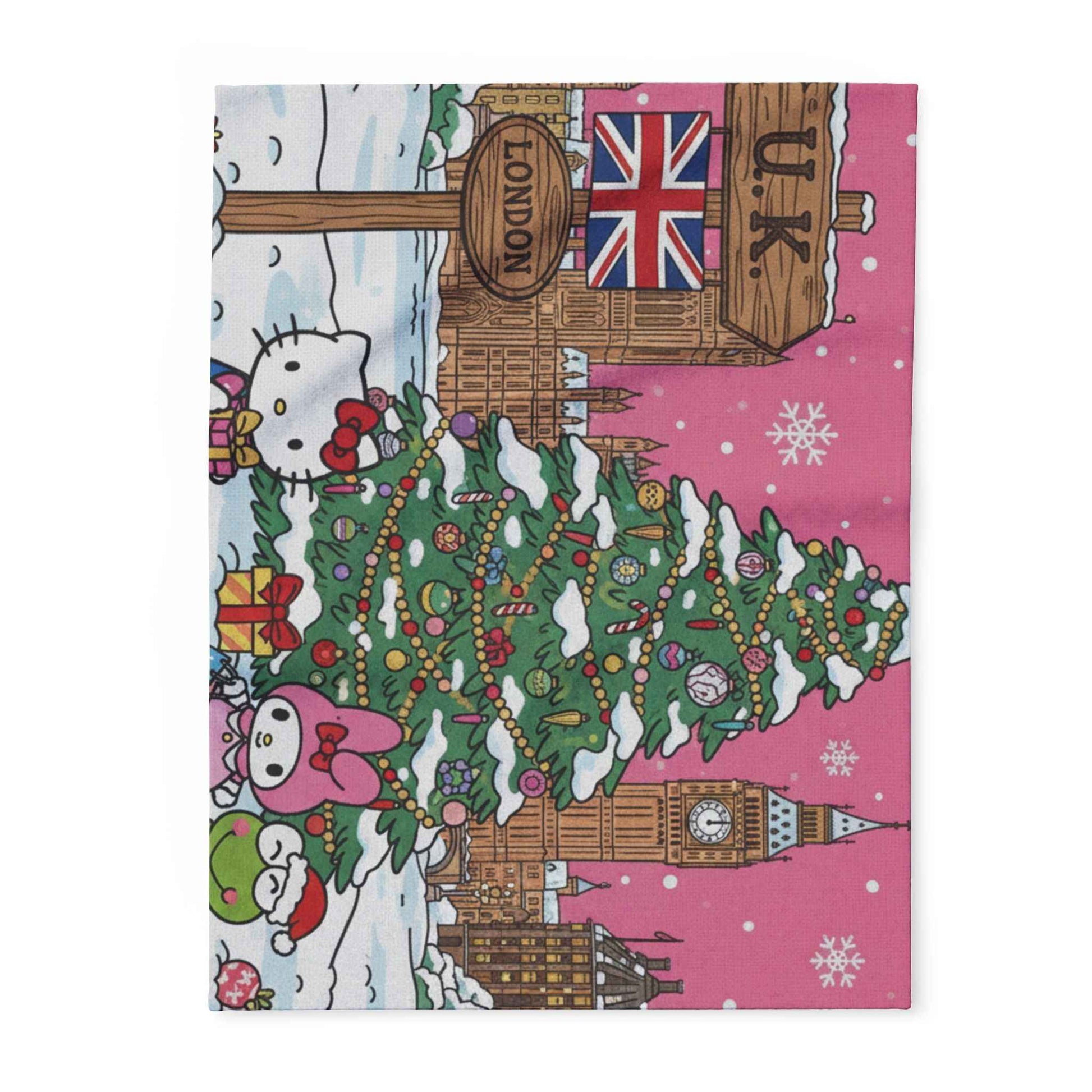 Hello Kitty London Christmas Arctic Fleece Blanket — Cute Holiday Tree & Snowy Big Ben Throw