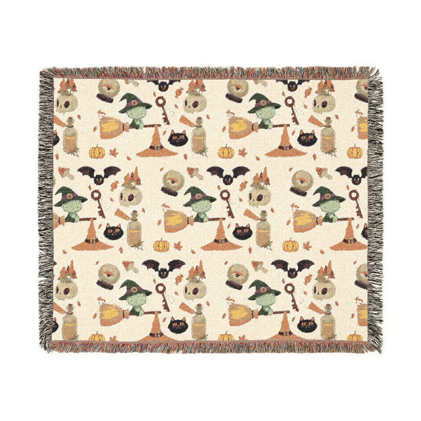 Woven Blanket - Spooky Witchy Frankenstein flyimg broom Design