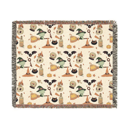 Woven Blanket - Spooky Witchy Frankenstein flyimg broom Design