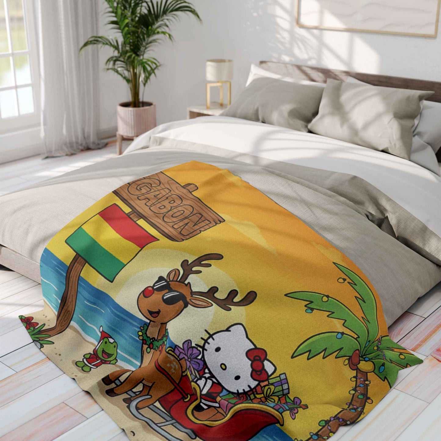 Hello Kitty Tropical Christmas Fleece Blanket — Gabon Beach Holiday Throw