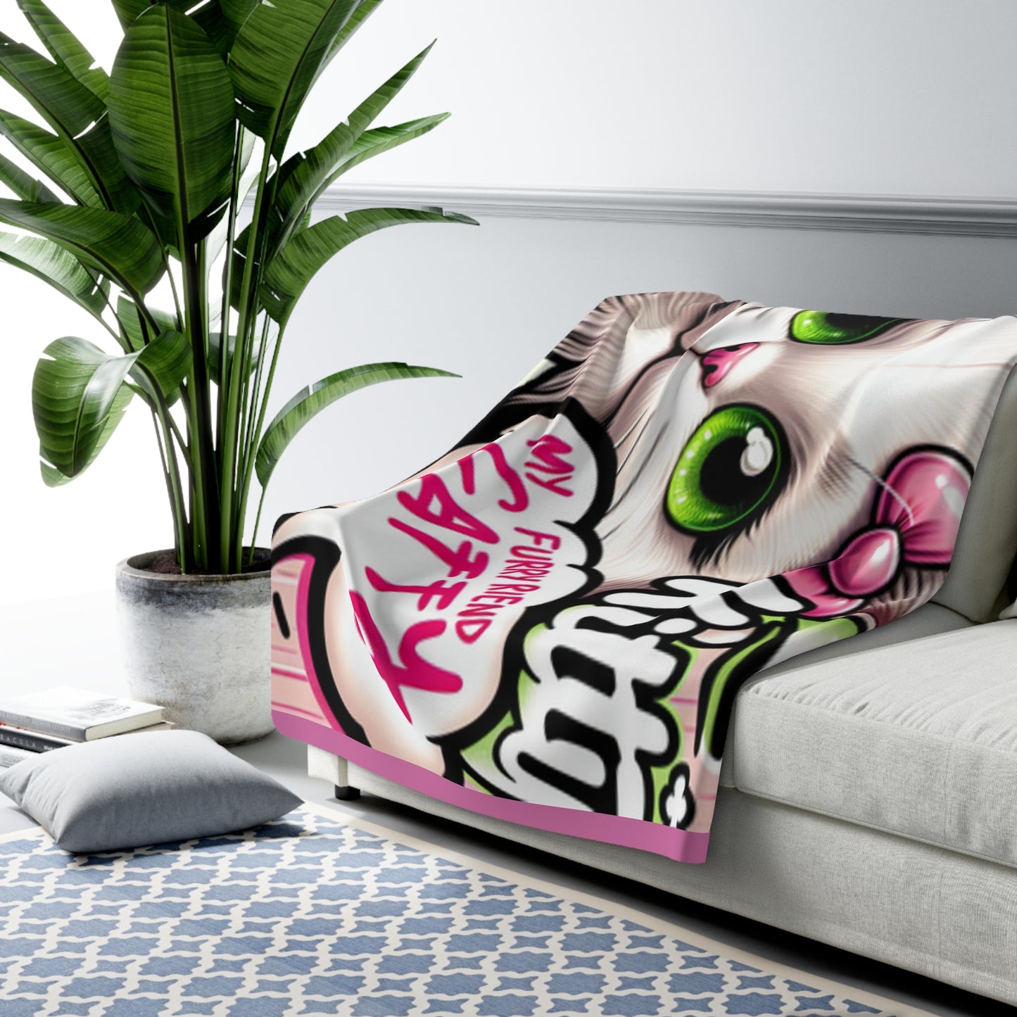 Sherpa Fleece Blanket - Hello Kitty Pink Cat with Green Eyes Theme - Perfect for Girls and Cat Lovers