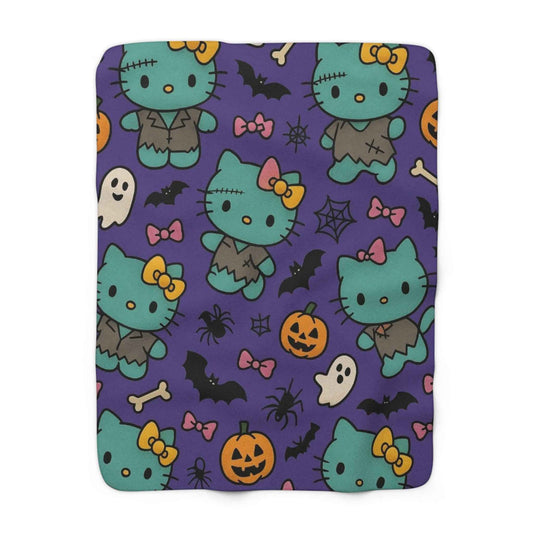 Sherpa Fleece Blanket - Frankenstein Hello Kitty blanket for spooky Home Decor - Hello Kittyy Blanket Store