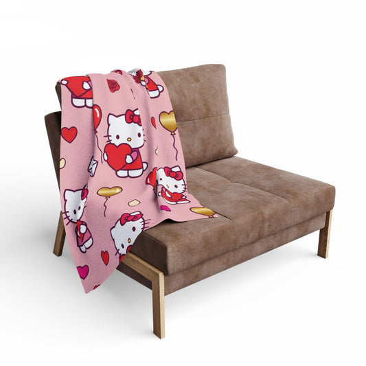 Hello Kitty Valentine Plush Fleece Blanket — Cute Pink Heart Pattern, Cozy Gift for her