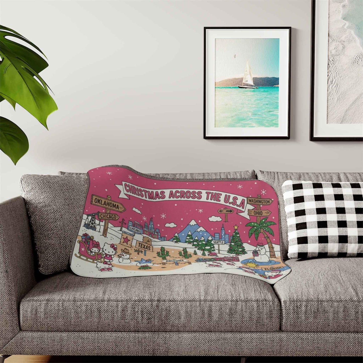 Hello Kitty Pink Christmas Sherpa Blanket — Two-Tone Cozy Throw (Across USA)