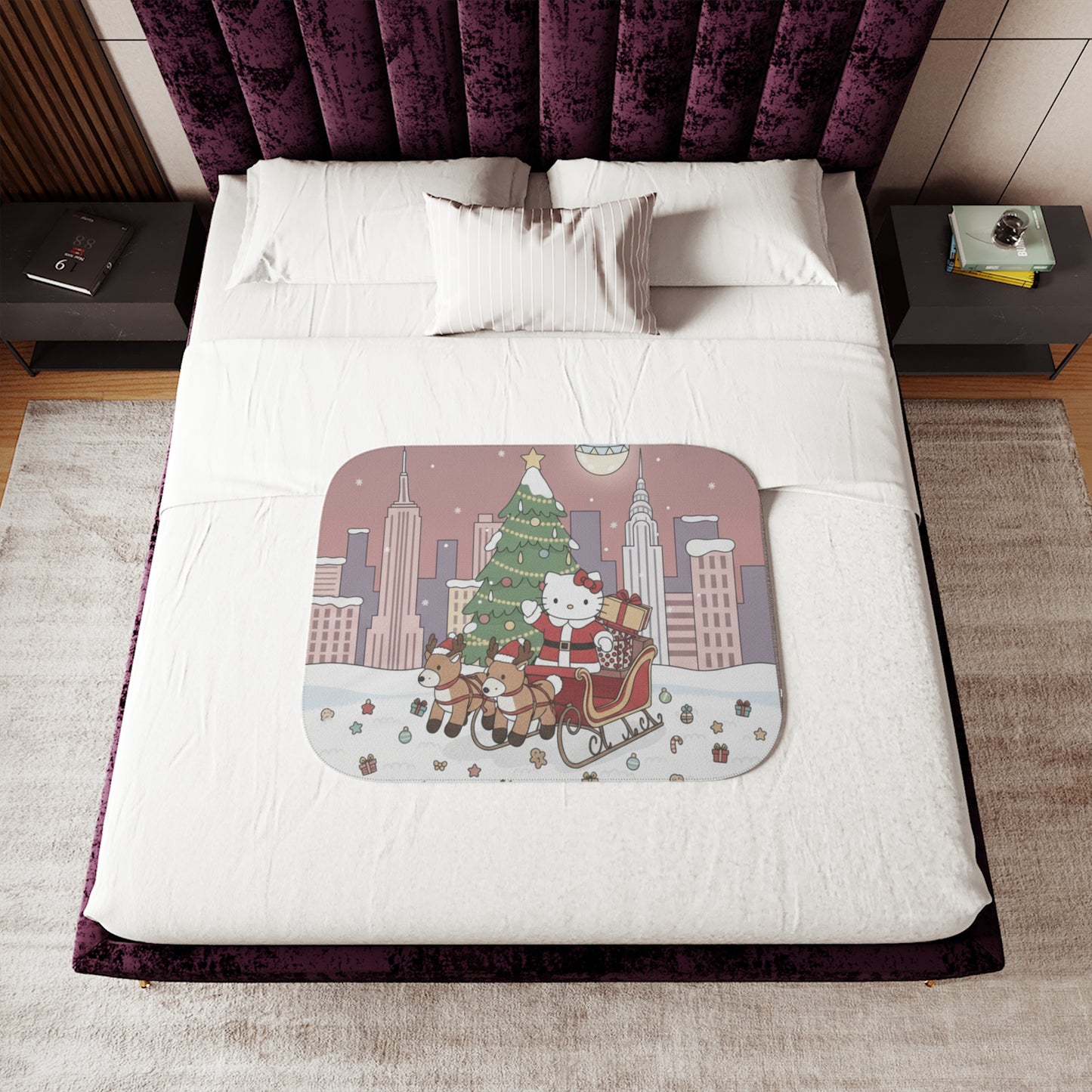 Christmas Kitty Sherpa Blanket — Festive Reindeer Sleigh Throw