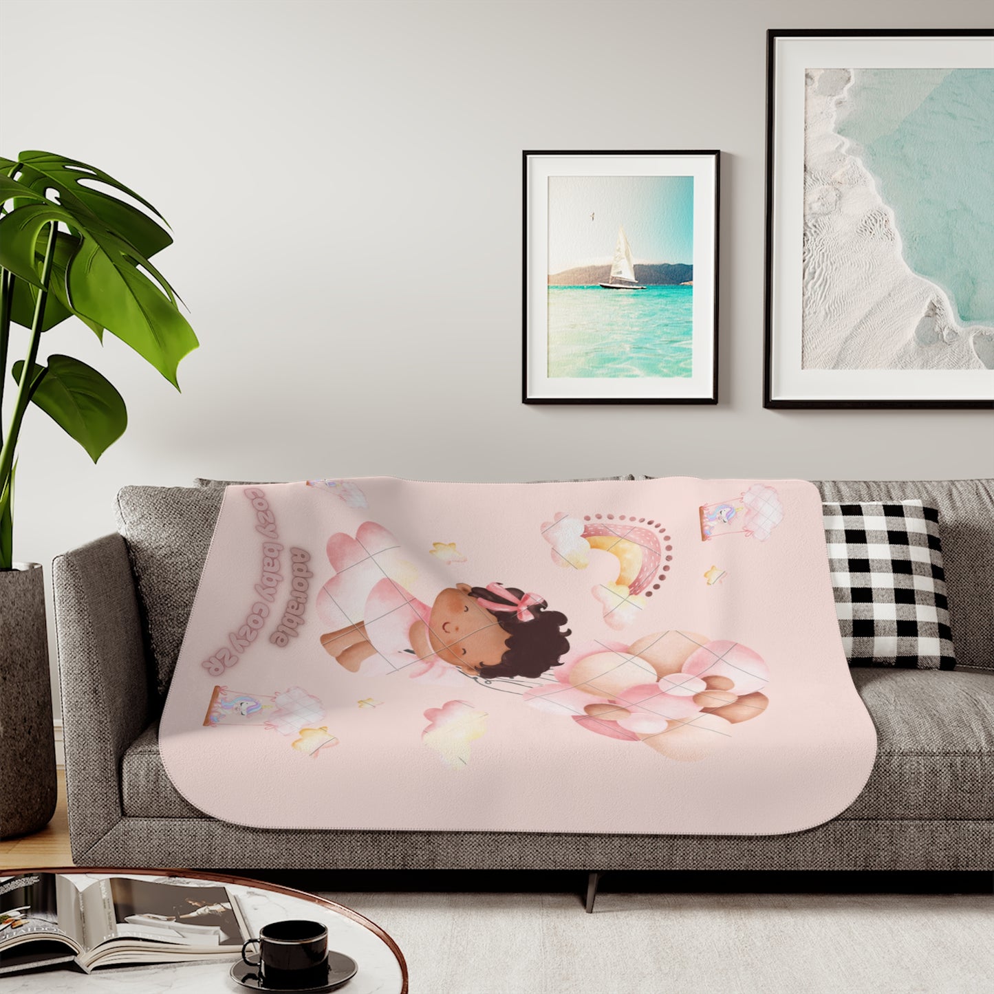 Cozy Sherpa Blanket with Cute Clouds and Rainbow Design