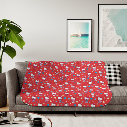Hello Kitty Red Pattern Sherpa Blanket — Cozy Reversible Throw red blue hearts