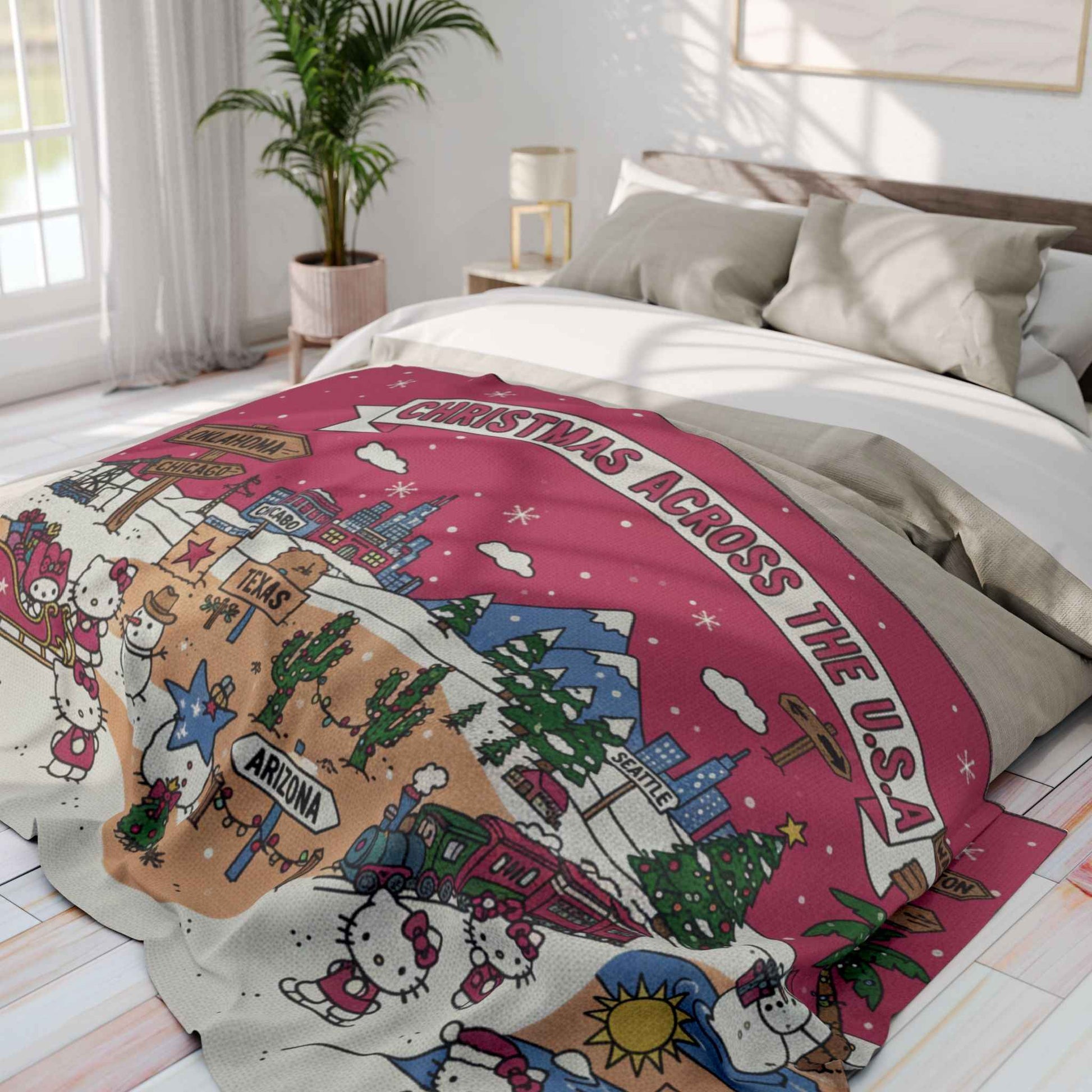 Hello Kitty Pink Christmas Arctic Fleece Blanket — Traveling USA Holiday Throw
