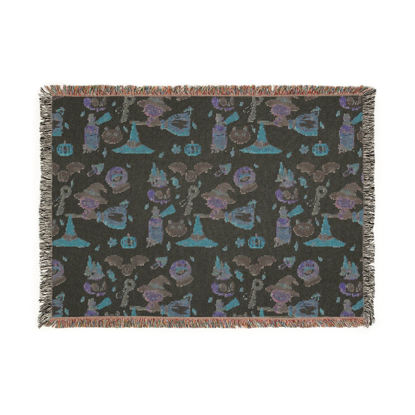 Woven Blanket - Spooky Witchy Frankenstein flyimg broom Design