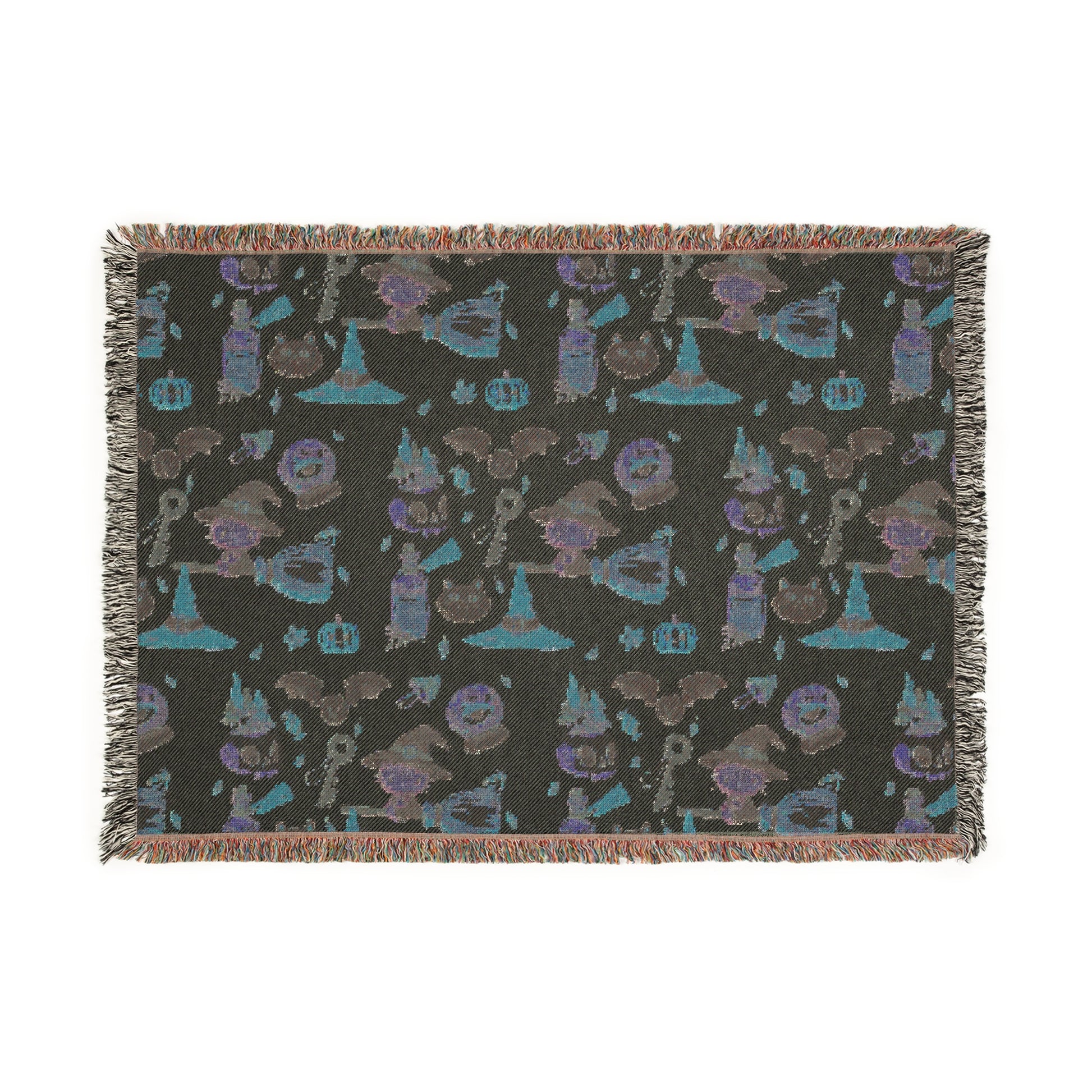 Woven Blanket - Spooky Witchy Frankenstein flyimg broom Design