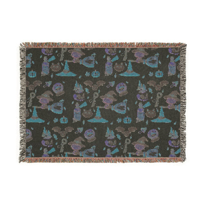 Woven Blanket - Spooky Witchy Frankenstein flyimg broom Design