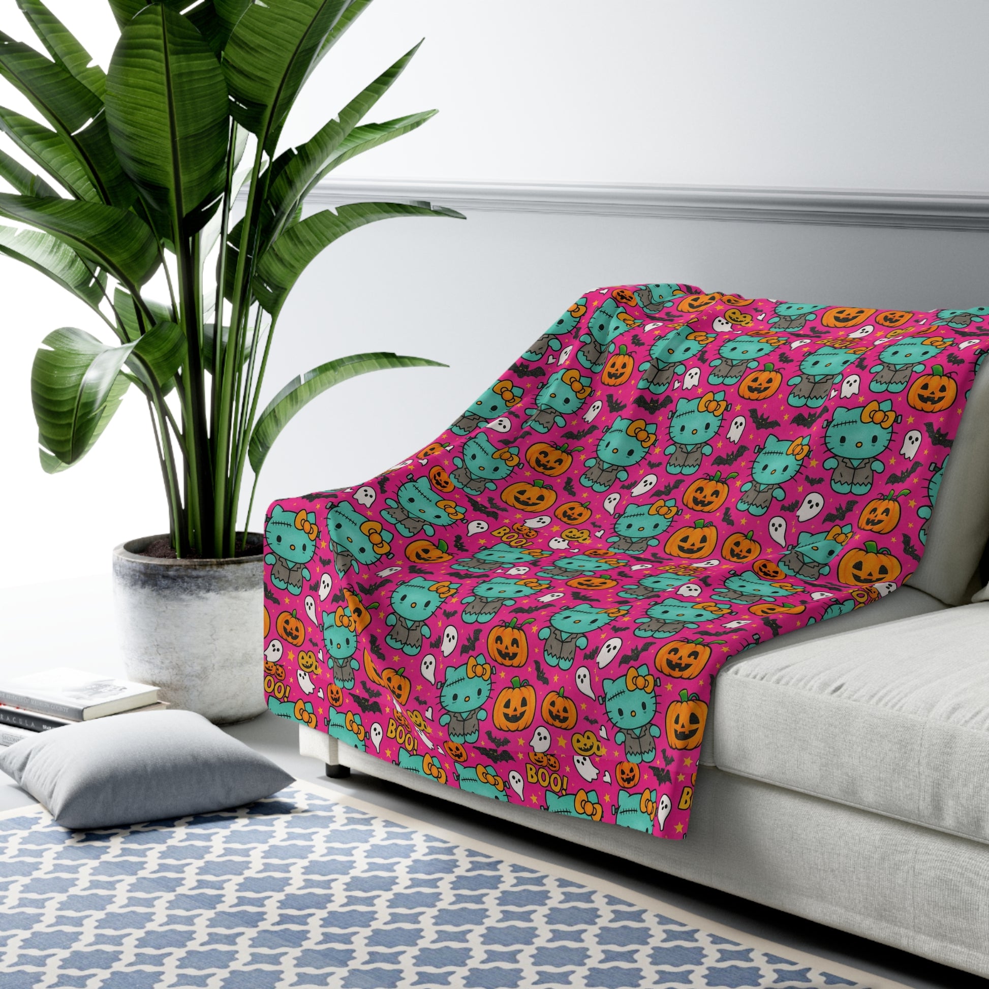 Sherpa Blanket Franken-pink Halloween - Hello Kittyy Blanket Store